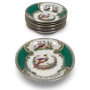 Royal Myott Chelsea Bird Green Berry Fruit Dessert Bowls 5" Staffordshire Set 8